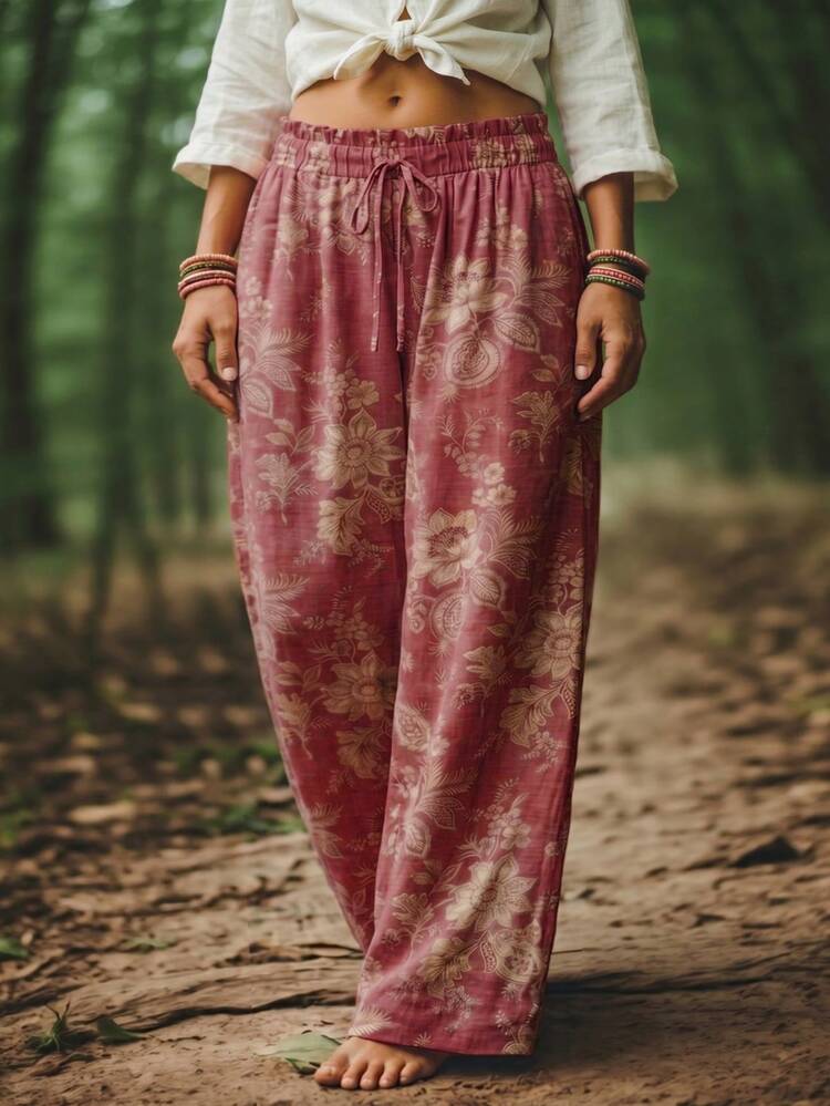SHEIN LUNE CURVE Plus Size Women's Floral Print Waist Tie Wide Leg Pants For Vacation Autumn Vacation Pink Floral - Red - View 5