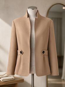 SHEIN LUNE CURVE Women's Plus Size Spring/Autumn Solid Khaki Jacket With Double Collar, Fashionable Minimalist Fitted Outerwear For Office Commute And Daily Wear - Khaki - View 4
