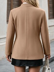 SHEIN LUNE CURVE Women's Plus Size Spring/Autumn Solid Khaki Jacket With Double Collar, Fashionable Minimalist Fitted Outerwear For Office Commute And Daily Wear - Khaki - View 3