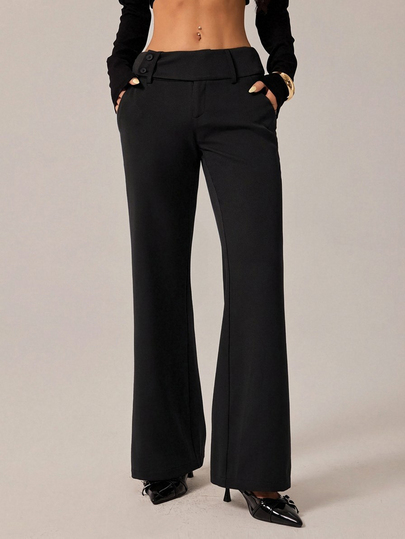 SHEIN PETITE Women's Fashion Classy Elegant Office Flare Leg Pants,Retro Pocket Black Winter Trousers,Old Money Business Casual Back To School Outfits ,Petite Women