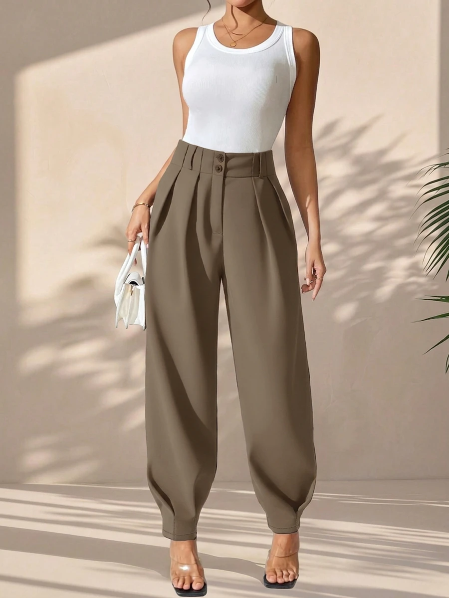 Xyvia Women's Elegant High Waist Double Button Decor Pleated Straight Leg Pants, Casual Suit Pants For Spring & Autumn Search Baggy - Khaki - View 1