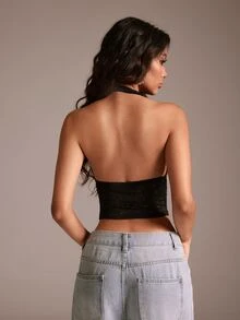 TRNVIE Women's Solid Color Lace Patchwork Halter Backless Camisole Top,Graduation Dance. Summer Rave Festival,For Women - Black - View 2
