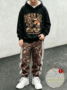 2件組青少年男孩連帽衫套裝，街頭風圖案，黑紅棕大地色系迷彩字母印花，長袖寬鬆連帽上衣，秋季校園運動穿搭 - 彩色 - 查看 3