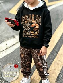2件組青少年男孩連帽衫套裝，街頭風圖案，黑紅棕大地色系迷彩字母印花，長袖寬鬆連帽上衣，秋季校園運動穿搭 - 彩色 - 查看 4