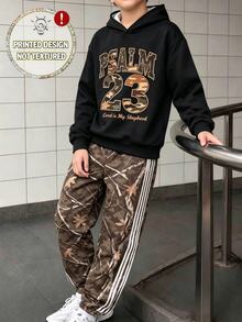 2件組青少年男孩連帽衫套裝，街頭風圖案，黑紅棕大地色系迷彩字母印花，長袖寬鬆連帽上衣，秋季校園運動穿搭 - 彩色 - 查看 6