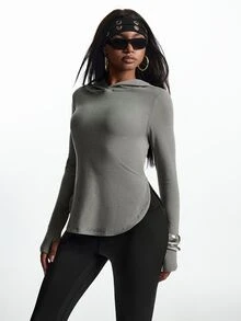 Innovista Innovista Women's Solid Color Casual Daily Wear Hooded Sports T-Shirt - Brown - View 13