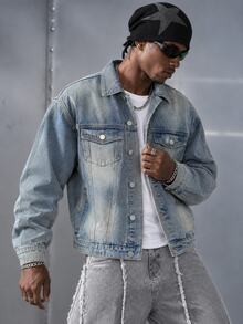 Manfinity EMRG Men's Simple Solid Color Casual Denim Jacket For Daily Wear - Light Wash - View 1