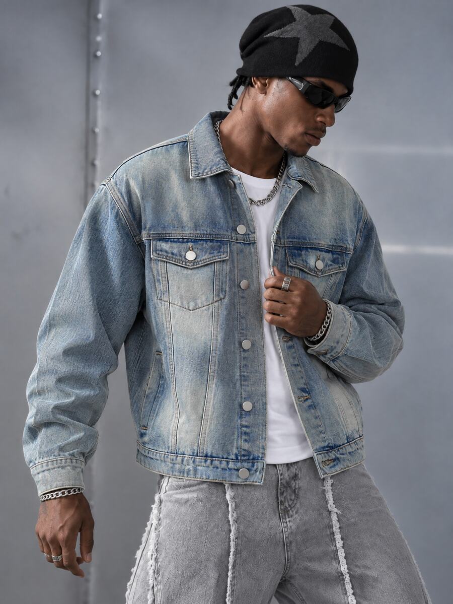 Manfinity EMRG Men's Simple Solid Color Casual Denim Jacket For Daily Wear - Light Wash - View 1