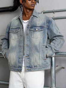 Manfinity EMRG Men's Simple Solid Color Casual Denim Jacket For Daily Wear - Light Wash - View 3