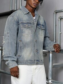 Manfinity EMRG Men's Simple Solid Color Casual Denim Jacket For Daily Wear - Light Wash - View 7