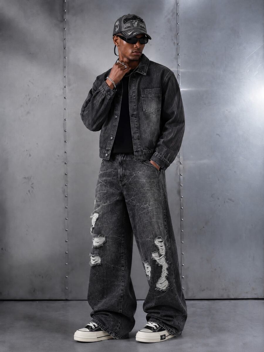 Manfinity EMRG Setelan Jaket Denim Hitam Sobek Longgar Gaya Jalanan dan Celana Panjang Lebar untuk Pria - Hitam - View 1