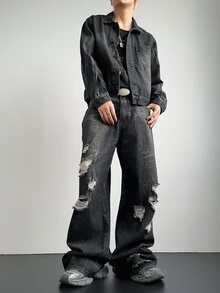 Manfinity EMRG Setelan Jaket Denim Hitam Sobek Longgar Gaya Jalanan dan Celana Panjang Lebar untuk Pria - Hitam - View 5