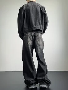 Manfinity EMRG Setelan Jaket Denim Hitam Sobek Longgar Gaya Jalanan dan Celana Panjang Lebar untuk Pria - Hitam - View 2