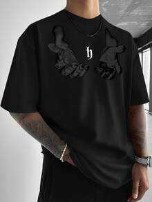 Manfinity EMRG Men Hand Print Round Neck Short Sleeve Oversized Casual T-Shirt, For Going Out - Black - View 3