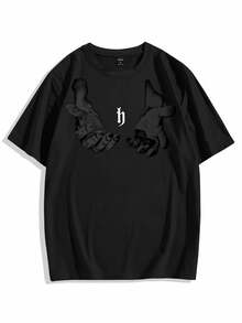 Manfinity EMRG Men Hand Print Round Neck Short Sleeve Oversized Casual T-Shirt, For Going Out - Black - View 2