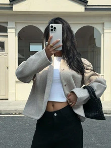 Siren Gaze 新款秋冬女款混紡羊毛短版夾克 時尚休閒極簡優雅寬鬆外套 適合旅行 淺灰色上班西裝外套 - 卡其色 - 查看 7