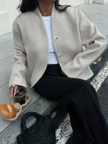 Siren Gaze 新款秋冬女款混紡羊毛短版夾克 時尚休閒極簡優雅寬鬆外套 適合旅行 淺灰色上班西裝外套 - 卡其色 - 查看 6