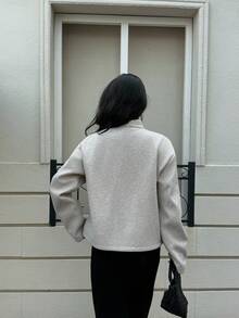 Siren Gaze 新款秋冬女款混紡羊毛短版夾克 時尚休閒極簡優雅寬鬆外套 適合旅行 淺灰色上班西裝外套 - 卡其色 - 查看 2