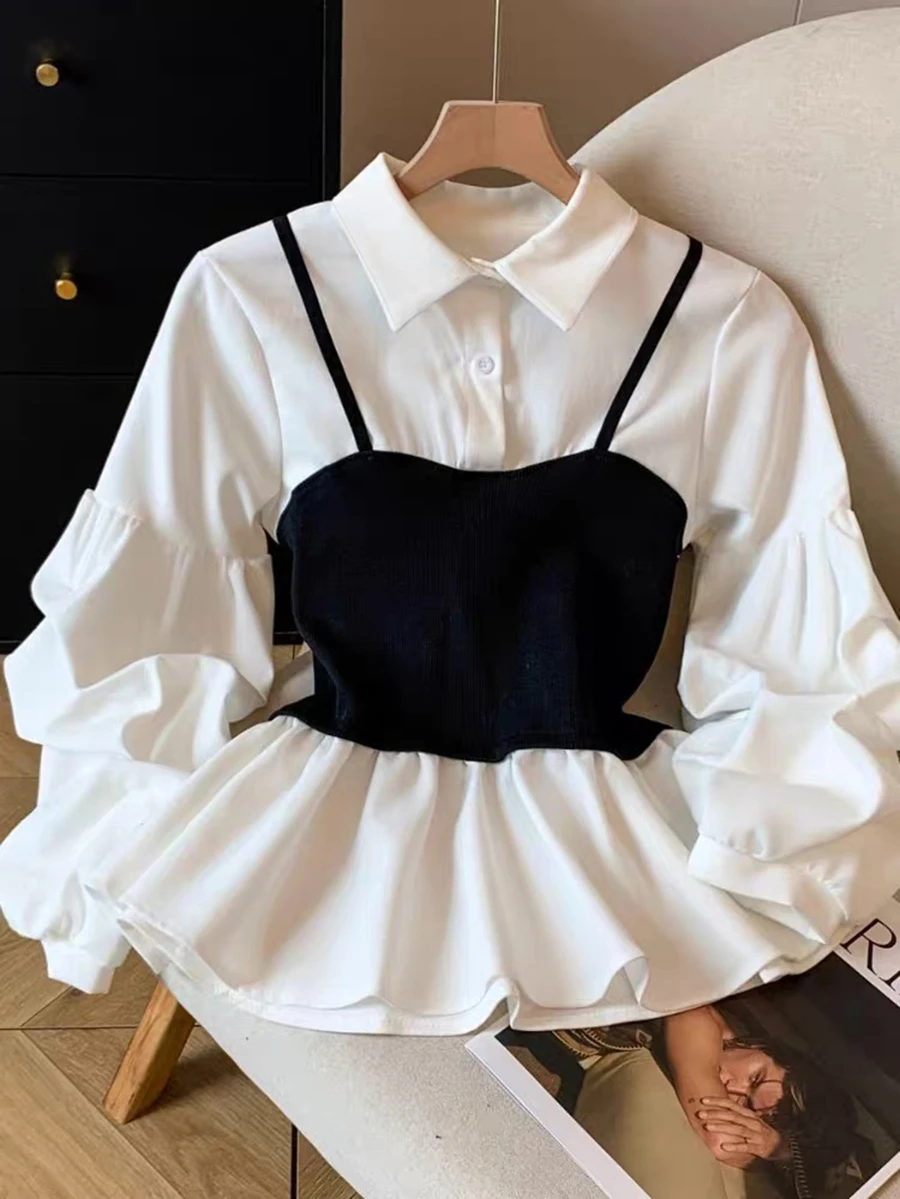 Selianne Women's Fashion Lantern Sleeve Ruffle Hem Top - Black and White - View 1