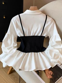 Selianne Women's Fashion Lantern Sleeve Ruffle Hem Top - Black and White - View 2