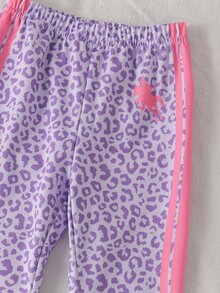 Young Girls 2-Piece Set, Fashionable Minimalist Macaron Color Scheme, Horse & Leopard Print Long Sleeve Fleece Sweatshirt Top, Leopard Print Contrast Stripe Flare Pants, Soft Outfit Suitable For Outings In Autumn/Winter - Multicolor - View 5