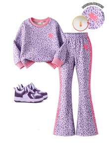 Young Girls 2-Piece Set, Fashionable Minimalist Macaron Color Scheme, Horse & Leopard Print Long Sleeve Fleece Sweatshirt Top, Leopard Print Contrast Stripe Flare Pants, Soft Outfit Suitable For Outings In Autumn/Winter - Multicolor - View 2