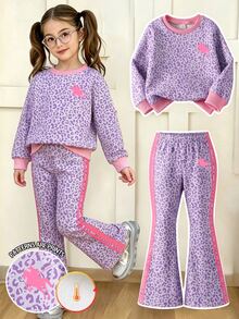 Young Girls 2-Piece Set, Fashionable Minimalist Macaron Color Scheme, Horse & Leopard Print Long Sleeve Fleece Sweatshirt Top, Leopard Print Contrast Stripe Flare Pants, Soft Outfit Suitable For Outings In Autumn/Winter - Multicolor - View 1