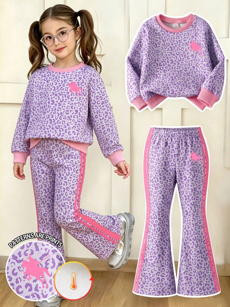 Young Girls 2-Piece Set, Fashionable Minimalist Macaron Color Scheme, Horse & Leopard Print Long Sleeve Fleece Sweatshirt Top, Leopard Print Contrast Stripe Flare Pants, Soft Outfit Suitable For Outings In Autumn/Winter - Multicolor - View 1