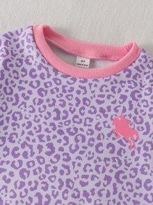 Young Girls 2-Piece Set, Fashionable Minimalist Macaron Color Scheme, Horse & Leopard Print Long Sleeve Fleece Sweatshirt Top, Leopard Print Contrast Stripe Flare Pants, Soft Outfit Suitable For Outings In Autumn/Winter - Multicolor - View 4