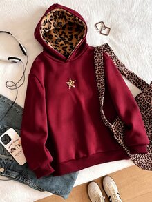 SHEIN 青少年女孩休閒街頭風酒紅色印花毛絨帽，五角星圖案，適合街頭穿搭、衛衣搭配與家庭拍照 - 酒紅色 - 查看 3