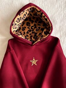 SHEIN 青少年女孩休閒街頭風酒紅色印花毛絨帽，五角星圖案，適合街頭穿搭、衛衣搭配與家庭拍照 - 酒紅色 - 查看 4