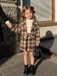 SHEIN 2pcs/Set Autumn Girl Clothes Casual Style Plaid Suit,Coat Skir Birthday Nursery Brown White - Brown - View 2