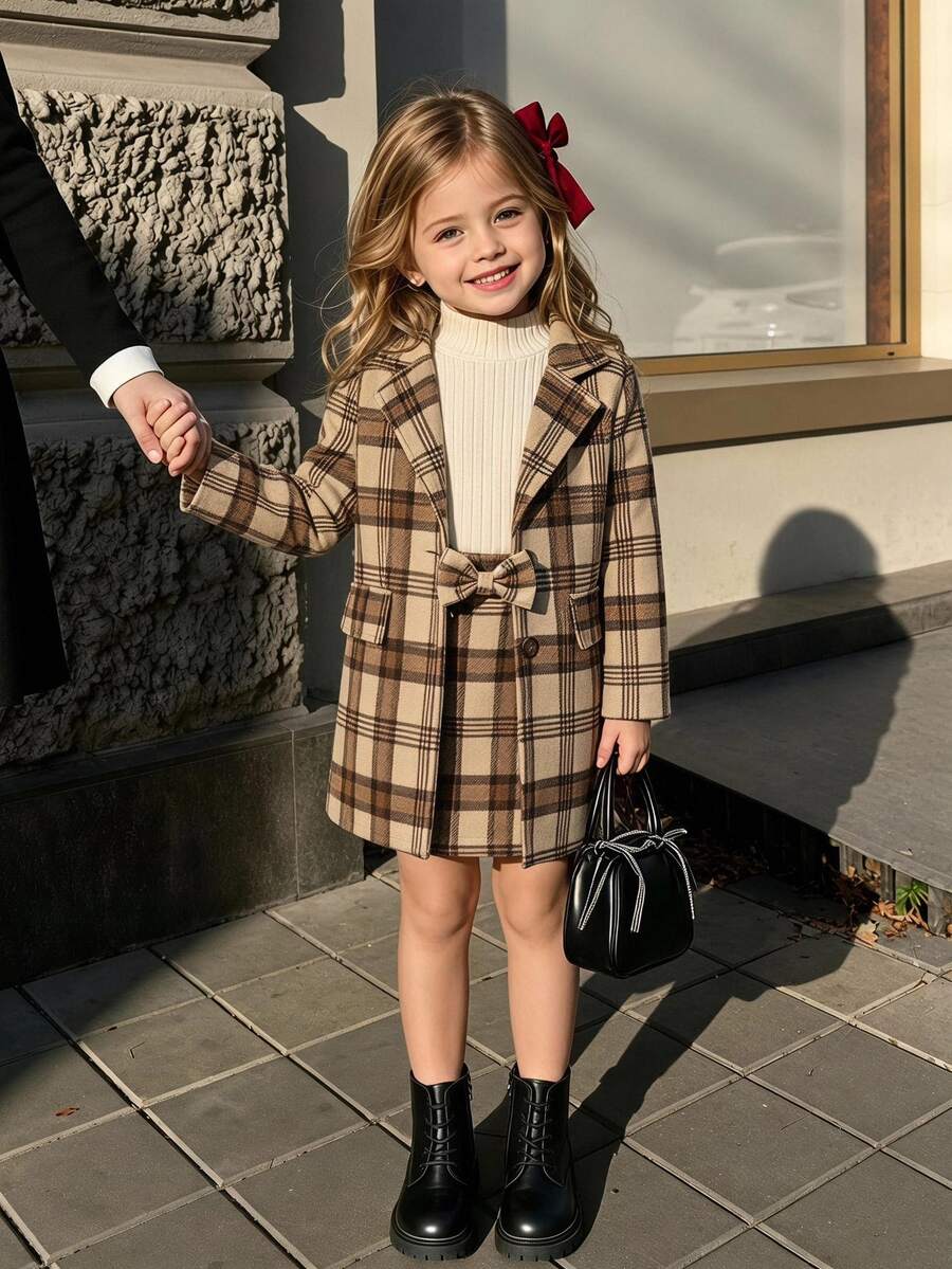SHEIN 2pcs/Set Autumn Girl Clothes Casual Style Plaid Suit,Coat Skir Birthday Nursery Brown White