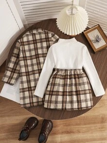 SHEIN 2pcs/Set Autumn Girl Clothes Casual Style Plaid Suit,Coat Skir Birthday Nursery Brown White - Brown - View 3
