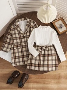 SHEIN 2pcs/Set Autumn Girl Clothes Casual Style Plaid Suit,Coat Skir Birthday Nursery Brown White - Brown - View 4
