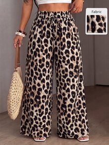 SHEIN PETITE CURVE Celana Panjang Wanita Ukuran Besar Gaya Liburan Kasual Motif Leopard dengan Pita, Cocok untuk Musim Semi, Musim Panas, dan Musim Gugur - MultiWarna - View 1