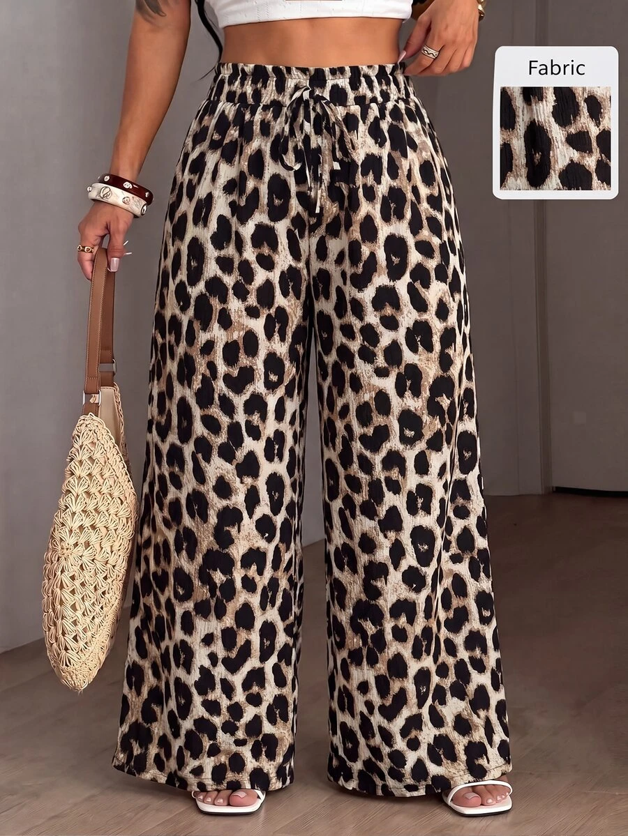 SHEIN PETITE CURVE Celana Panjang Wanita Ukuran Besar Gaya Liburan Kasual Motif Leopard dengan Pita, Cocok untuk Musim Semi, Musim Panas, dan Musim Gugur - MultiWarna - View 1