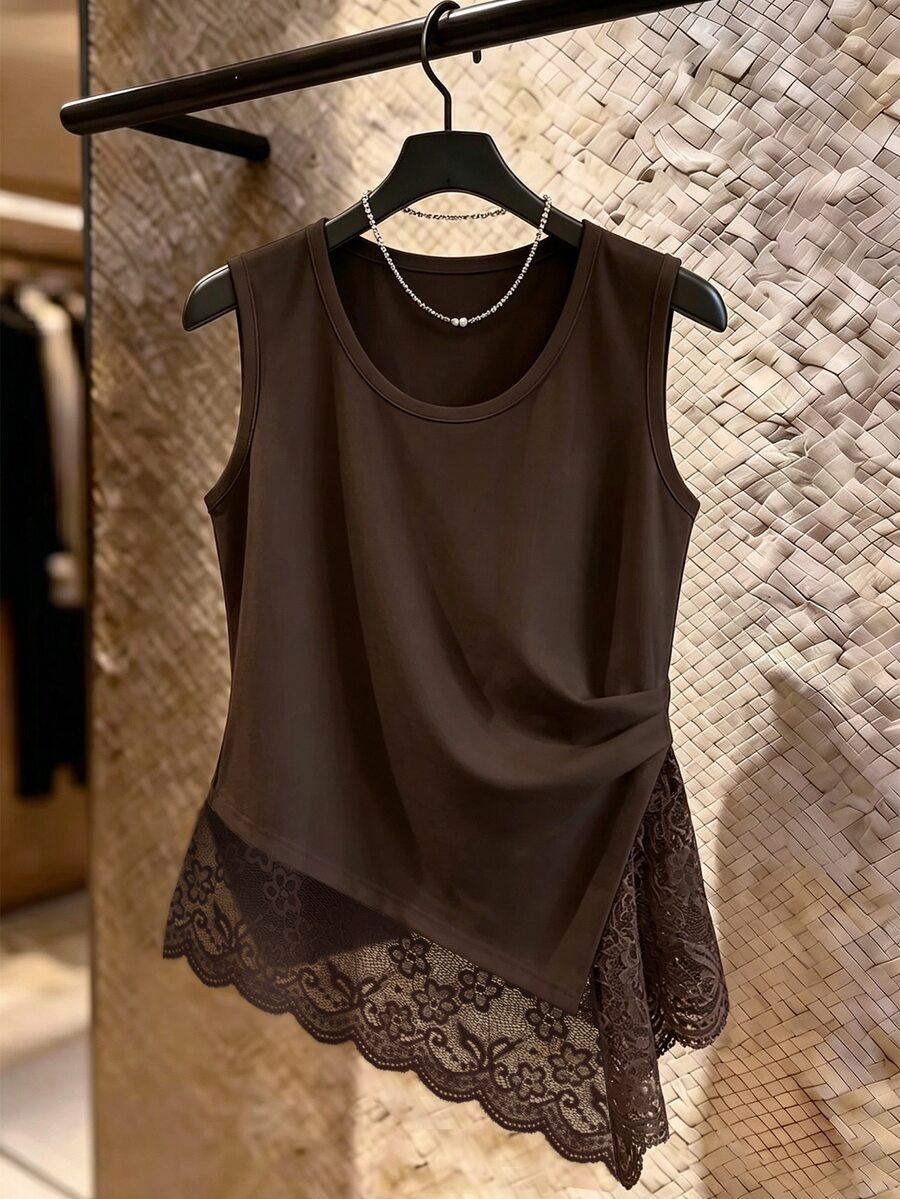 GlowEve Women's Ribbed Lace Hem White Tank Top, Delicate Spring/Summer Vacation Style - Brown - View 1