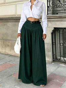 Elenzga 法式垂墜寬腿長褲，修身紋理海軍藍優雅通勤休閒女款長褲 - 墨綠色 - 查看 2