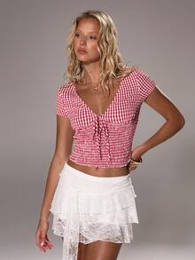 TRNVIE Plaid Pullover Woven Lovely Casual T-Shirt, Spring/Summer - Red - View 6