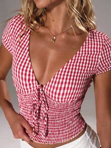 TRNVIE Plaid Pullover Woven Lovely Casual T-Shirt, Spring/Summer - Red - View 4