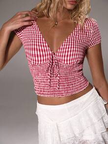 TRNVIE Plaid Pullover Woven Lovely Casual T-Shirt, Spring/Summer - Red - View 7
