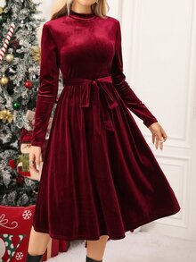 SHEIN Clasi 女款寶石紅天鵝絨 A 字中長洋裝,圓領配綁帶設計 - 酒紅色 - 查看 2