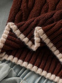 SHEIN Tween女孩復古刺繡麻花針織時尚長袖毛衣 秋冬款 - 棕色 - 查看 8