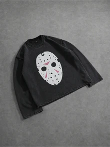 ROMWE MEN Friday the 13th X ROMWE 男士休閒極簡聯名圓領長袖T恤 - 黑色 - 查看 8