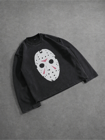 Friday the 13th X ROMWE Maglietta casual minimalista da uomo con girocollo e maniche lunghe, co-branded