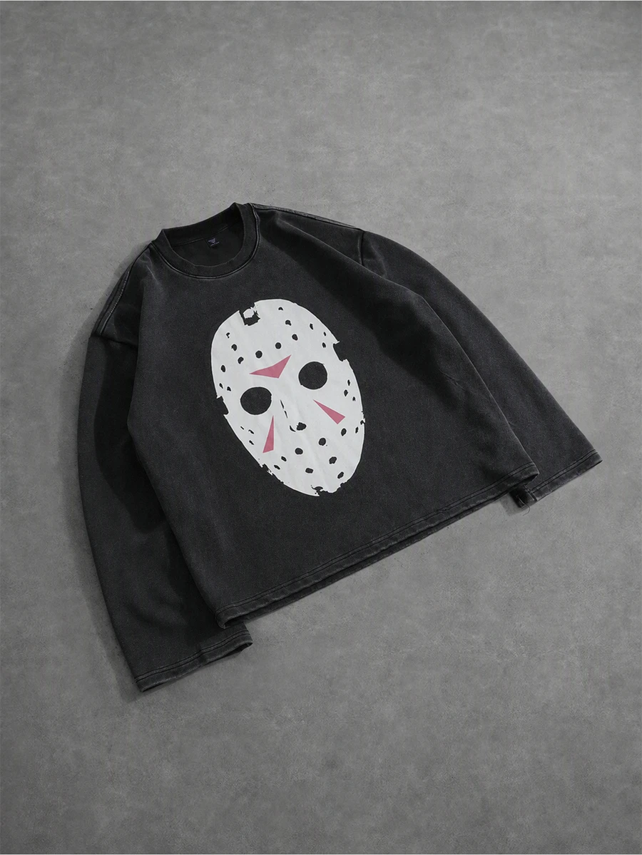ROMWE MEN Friday the 13th X ROMWE Men's Casual Minimalist Co-Branded Crew Neck Long Sleeve T-Shirt - Black - View 1