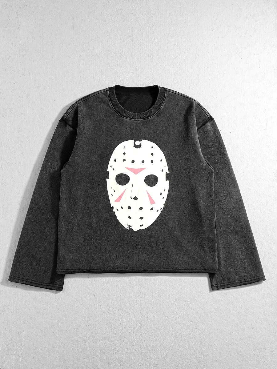 ROMWE MEN Friday the 13th X ROMWE 男士休閒極簡聯名圓領長袖T恤 - 黑色 - 查看 1