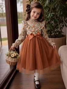 SHEIN Kids Young Girl French Vintage Floral Princess Dress, Long Sleeve Ruffle Collar, Caramel Mesh Patchwork Satin Ribbon Bow Dress, Autumn - Multicolor - View 1