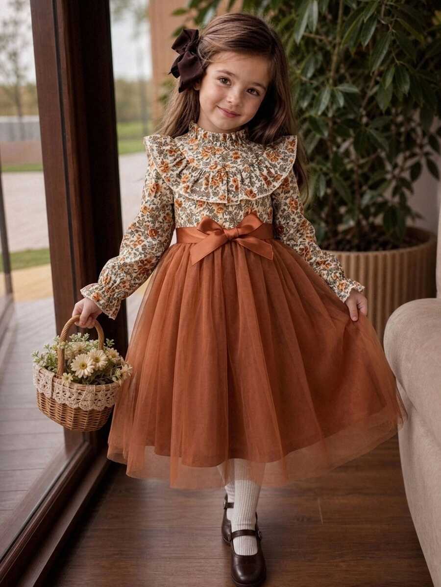 SHEIN Kids Young Girl French Vintage Floral Princess Dress, Long Sleeve Ruffle Collar, Caramel Mesh Patchwork Satin Ribbon Bow Dress, Autumn - Multicolor - View 1